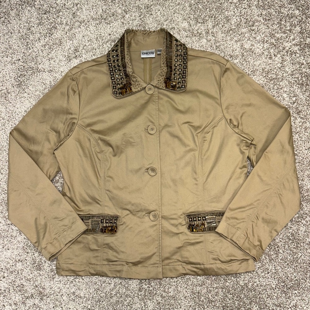 Chico's Kozy Khaki Jacket Astrine Specialty Accents Women Size 2 (Large) Beaded